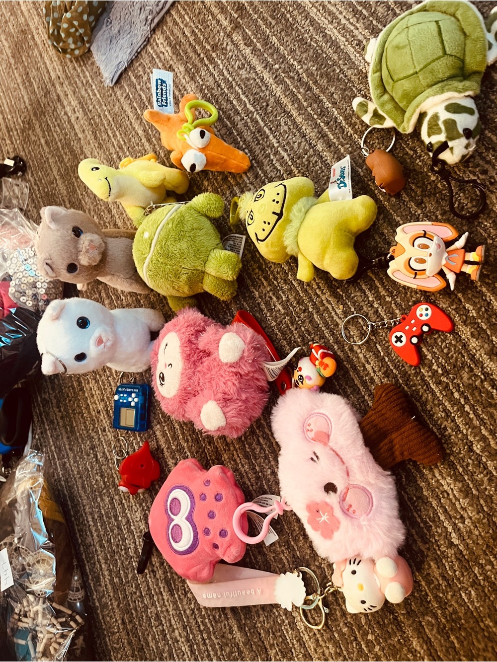 Assorted Plush Keychain Set - Pink & Green Plush Hello Kitty, Sega Cats 449